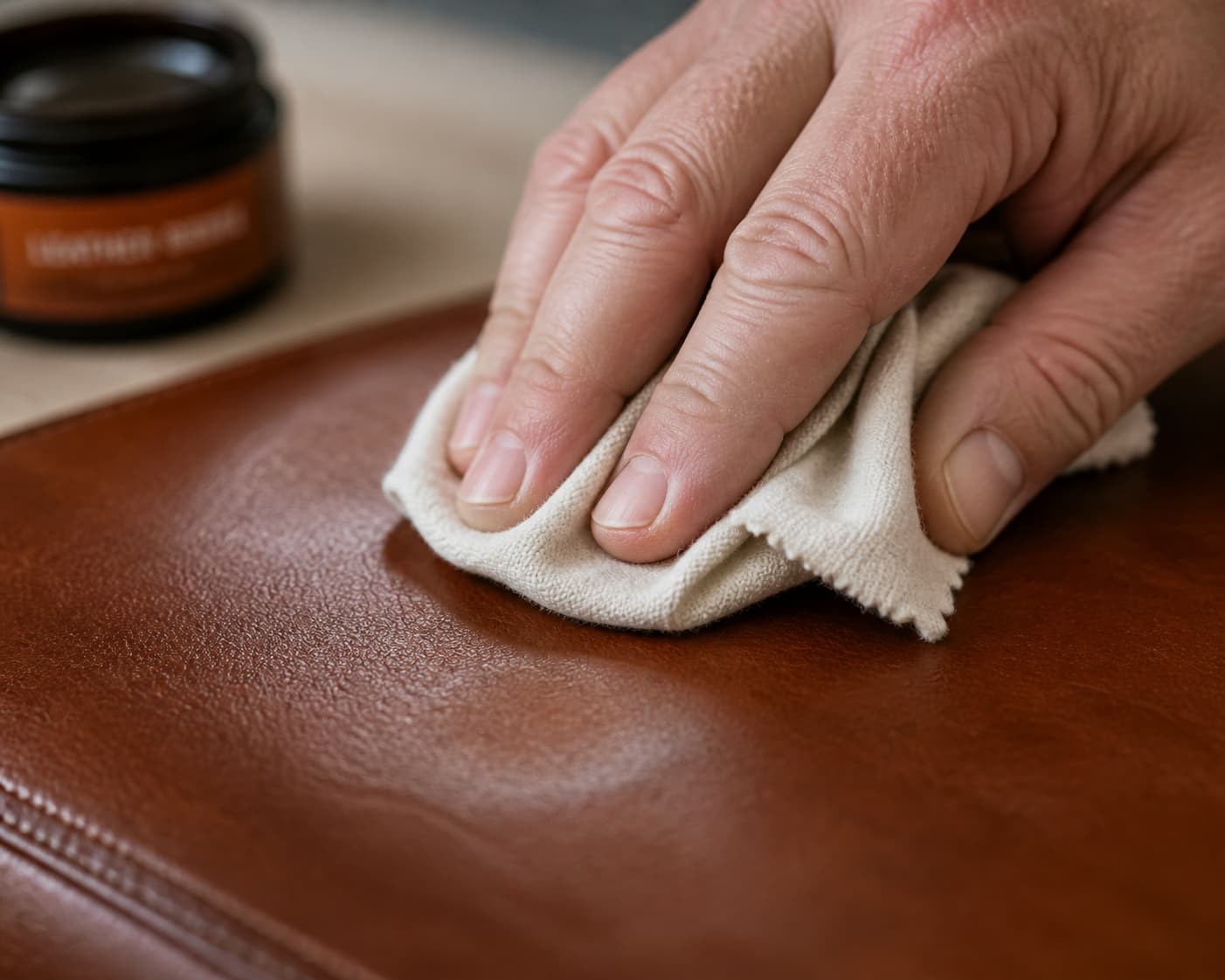 Gros plan d’un chiffon propre appliquant une fine couche de graisse en mouvements circulaires réguliers sur un cuir lisse.