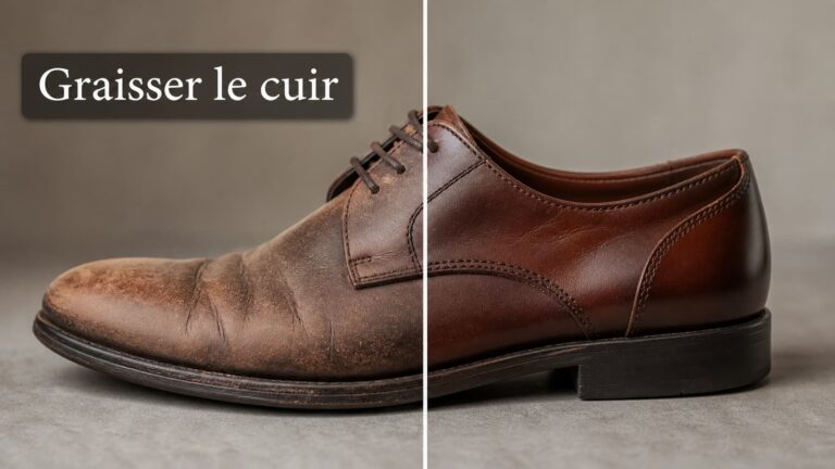 Avant/après d'une chaussure en cuir : à gauche cuir terne et sec, à droite cuir nourri et assoupli avec un léger aspect brillant, sur fond neutre, avec le texte 'Graisser le cuir'.