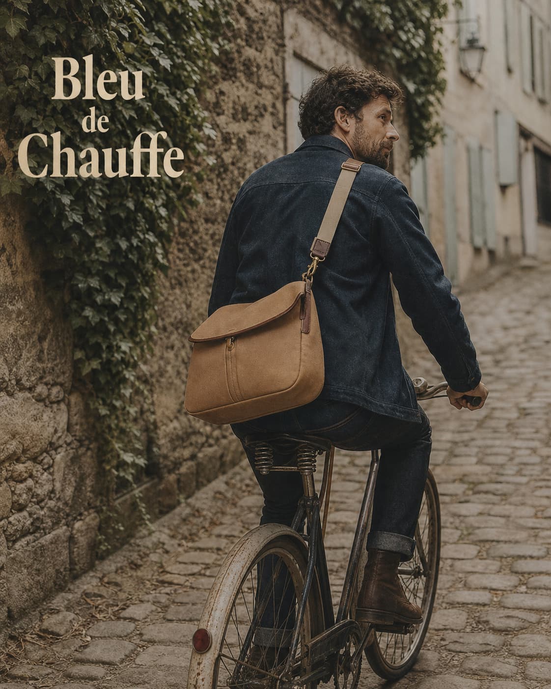 Un homme à vélo vintage dans une ruelle pavée de village français, portant un sac messager Bleu de Chauffe Émile en toile naturelle et cuir brun, avec le texte superposé