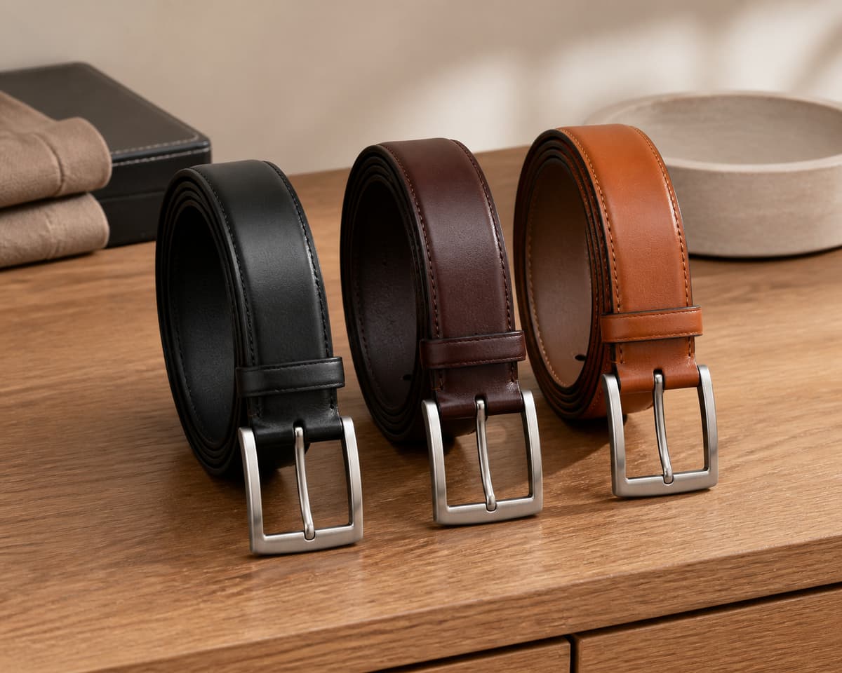 Trois ceintures de costume en cuir noir, marron foncé et cognac alignées avec des boucles métalliques sobres.
