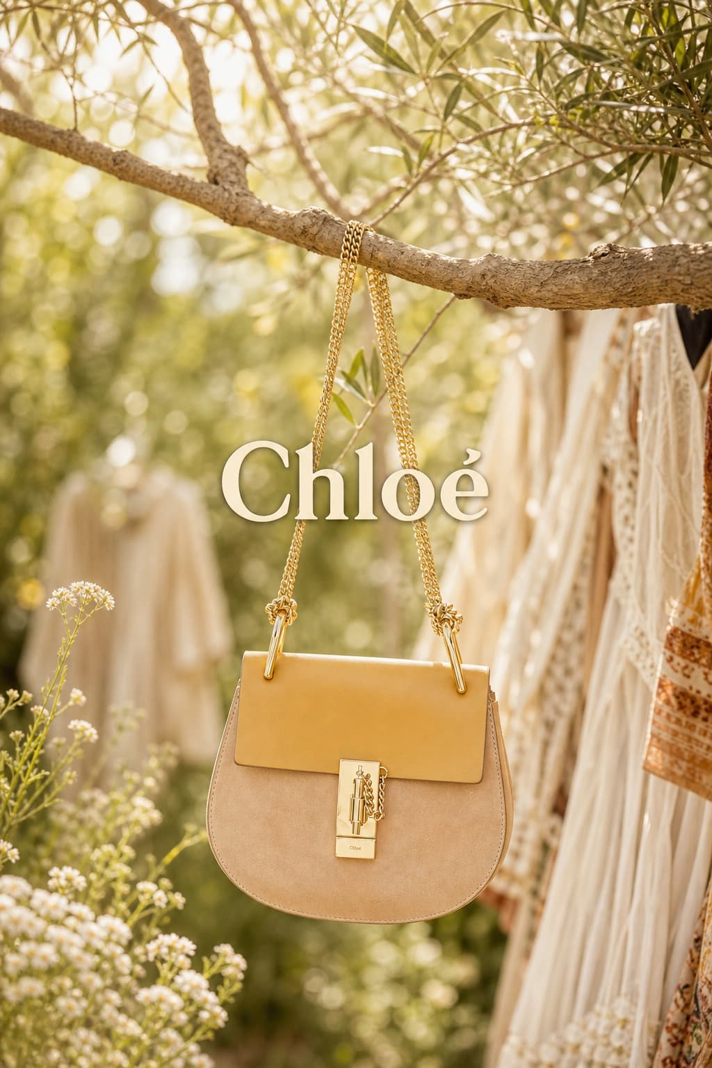 Sac Chloé Drew en daim beige suspendu à une branche d