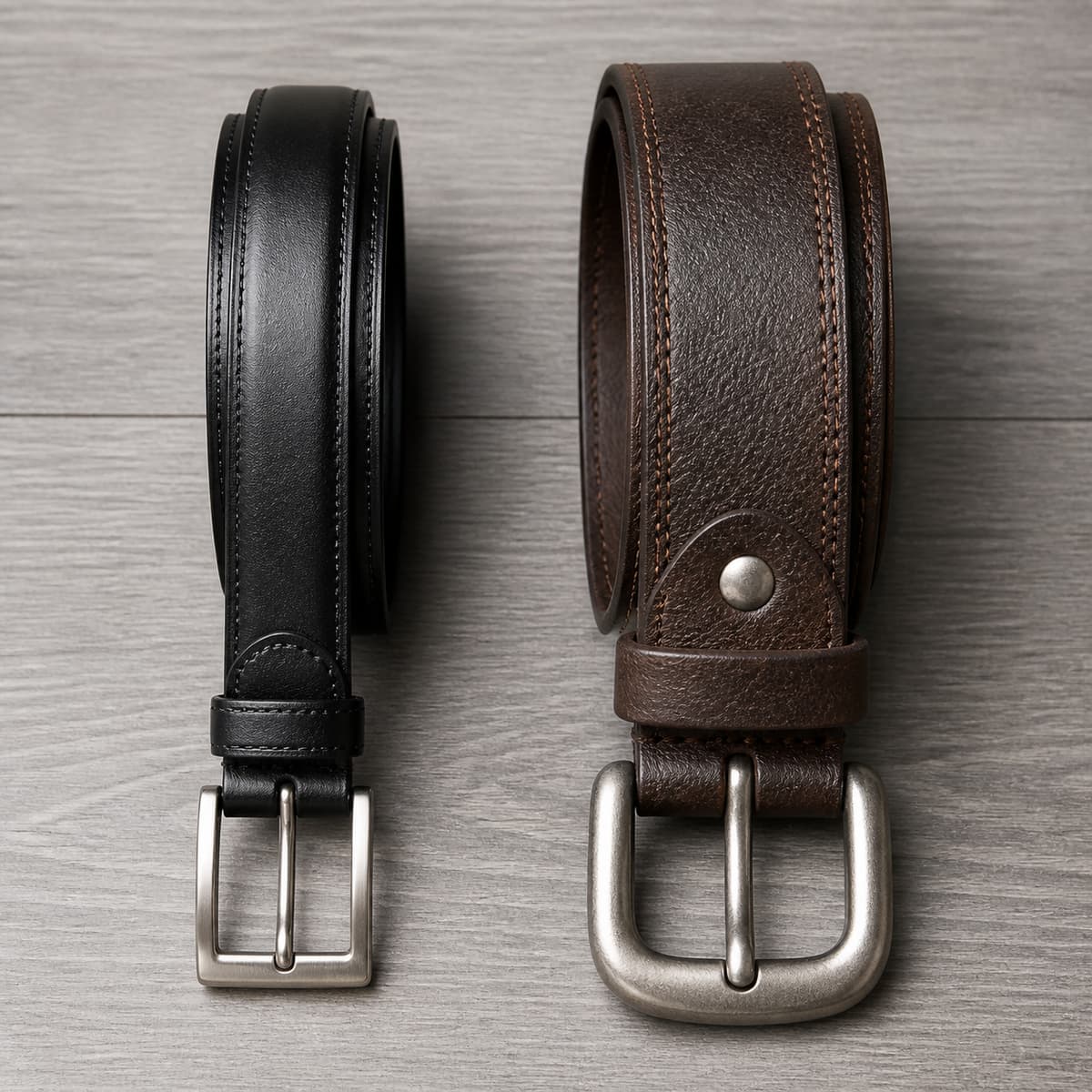 Vue de dessus montrant côte à côte une ceinture formelle fine à boucle sobre et une ceinture décontractée plus large à boucle imposante.