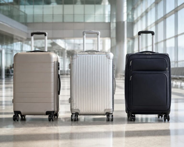 Trois valises alignées dans un hall lumineux : une coque rigide légère, une valise aluminium patinée et un bagage souple à roulettes, avec roues et poignées visibles.