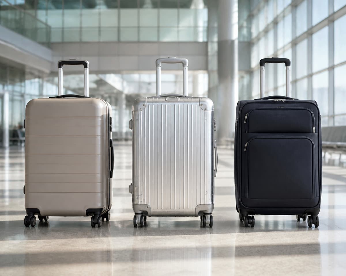 Trois valises alignées dans un hall lumineux : une coque rigide légère, une valise aluminium patinée et un bagage souple à roulettes, avec roues et poignées visibles.