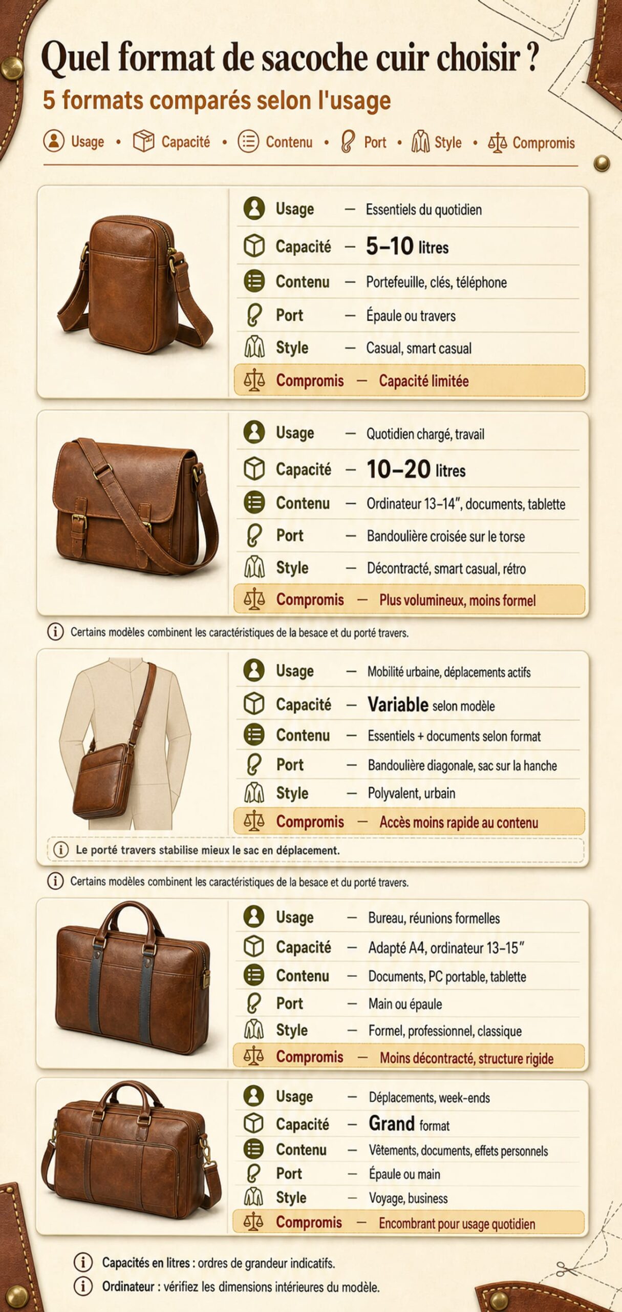 Comparatif des formats de sacoche cuir pour homme