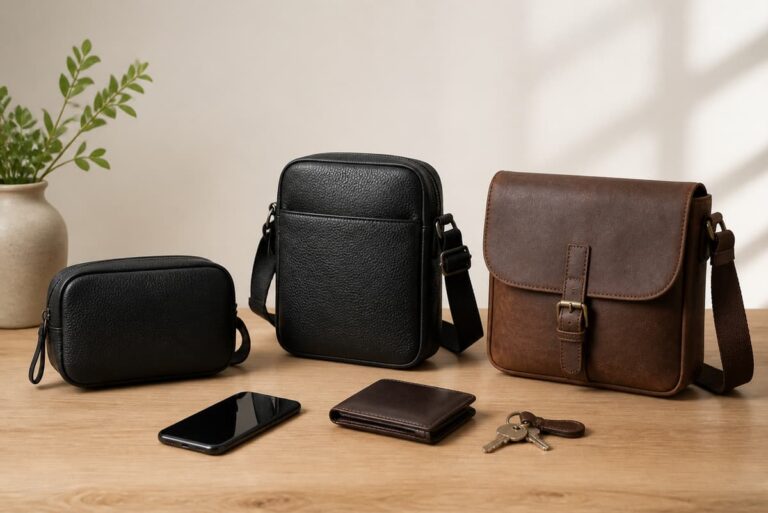 Trois sacoches pour homme en cuir noir et marron de formats variés posées sur une table en bois clair à côté d'un téléphone, d'un portefeuille et de clés.