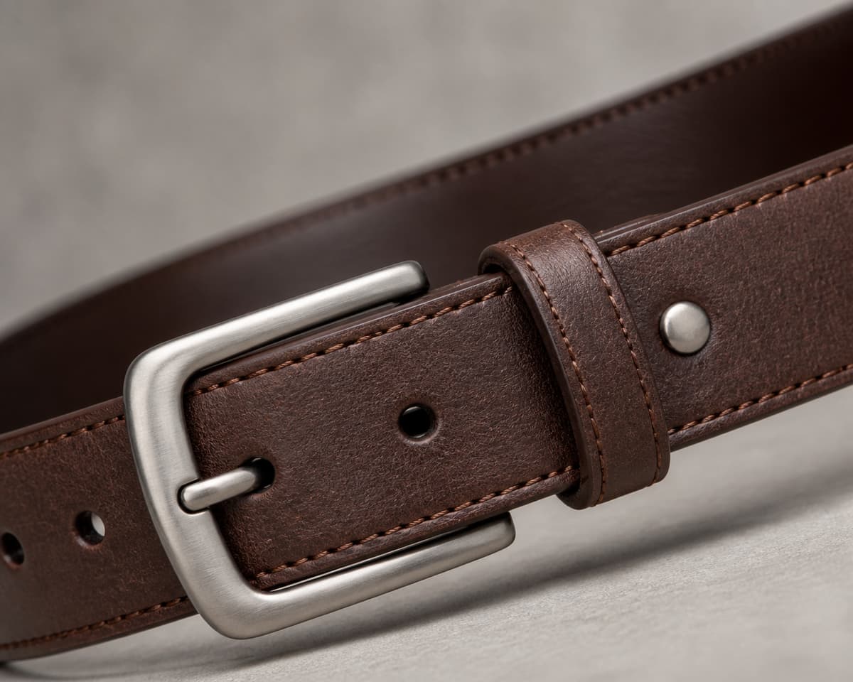 Gros plan sur une ceinture en cuir marron montrant la régularité des coutures, la netteté de la tranche et les perforations près de la boucle métallique.