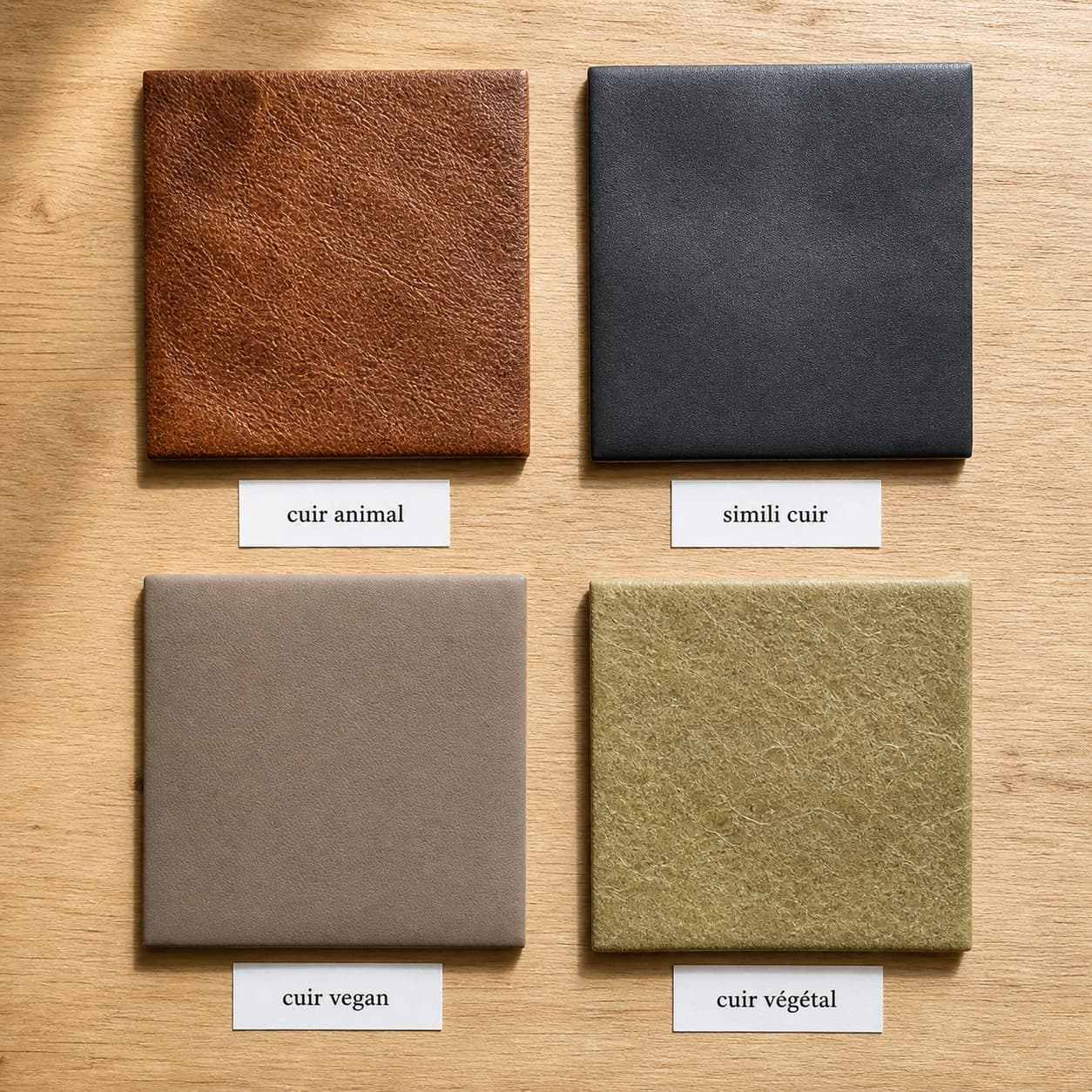 Quatre échantillons de matières (cuir animal, simili cuir, cuir vegan, cuir végétal) posés sur une table avec des étiquettes et des textures différentes.