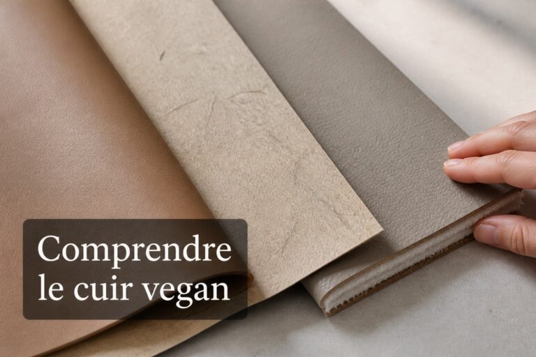 Plusieurs échantillons de matières imitant le cuir alignés sur une surface claire : l’un lisse synthétique, l’un avec fibres végétales, l’autre composite. Une main touche le bord de l’un des échantillons. Un bandeau sombre discret porte le texte « Comprendre le cuir vegan ».