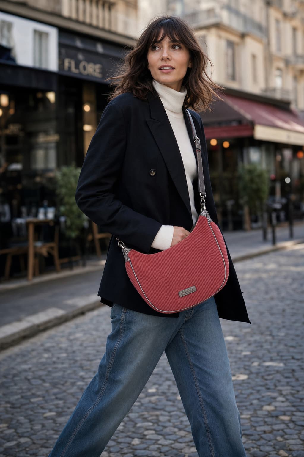 Femme portant un sac besace rouge Fuchsia Paris, marchant dans une rue parisienne avec des pavés et des boutiques en arrière-plan flou.