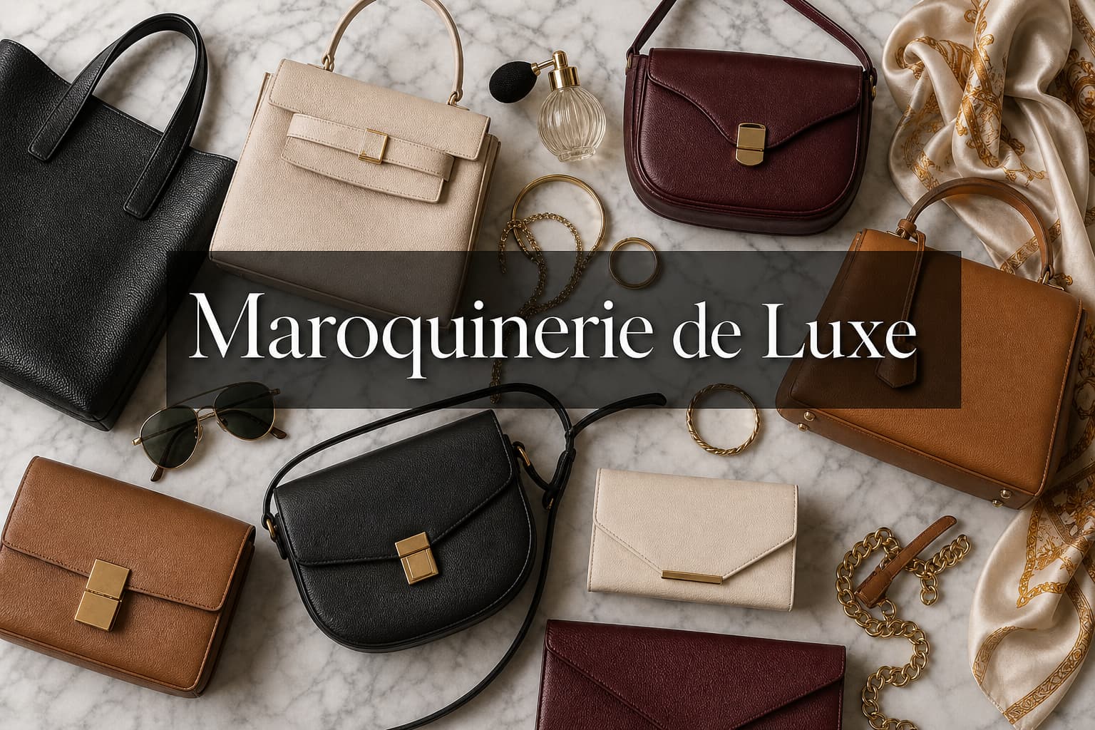 Composition à plat éditoriale de sacs à main de luxe en cuir de marques iconiques, disposés sur un fond en marbre avec des accessoires dorés, un foulard en soie, et le texte