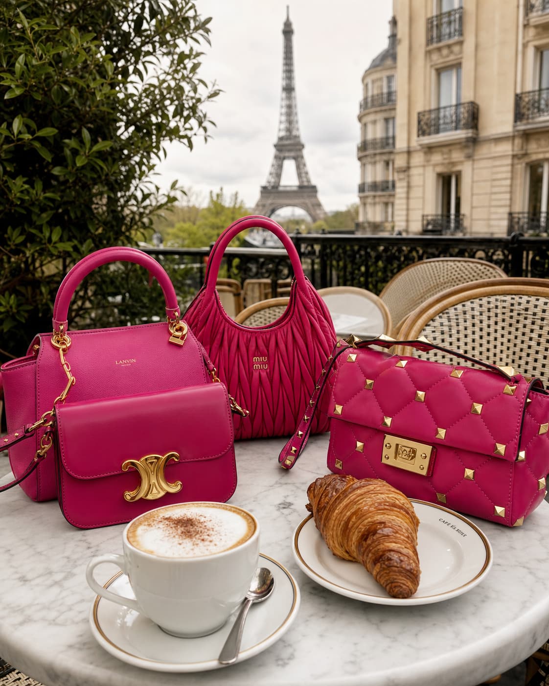 Plusieurs sacs à main fuchsia colorés disposés à plat sur une table de café en marbre avec un croissant et une tasse de café, la Tour Eiffel floue en arrière-plan sous une douce lumière matinale.