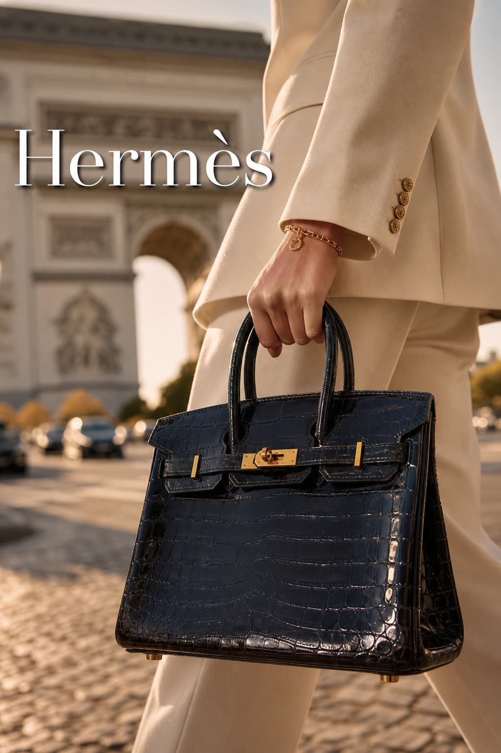 Mannequin en tailleur crème tenant un sac Hermès Birkin noir en cuir de crocodile, marchant dans une rue parisienne avec l