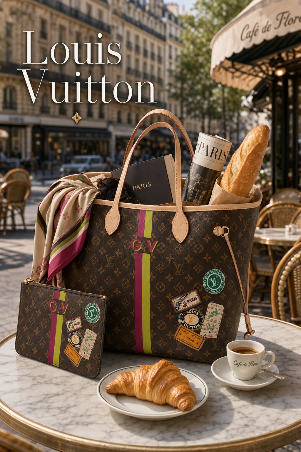 Sac tote Louis Vuitton Monogram Neverfull rempli d