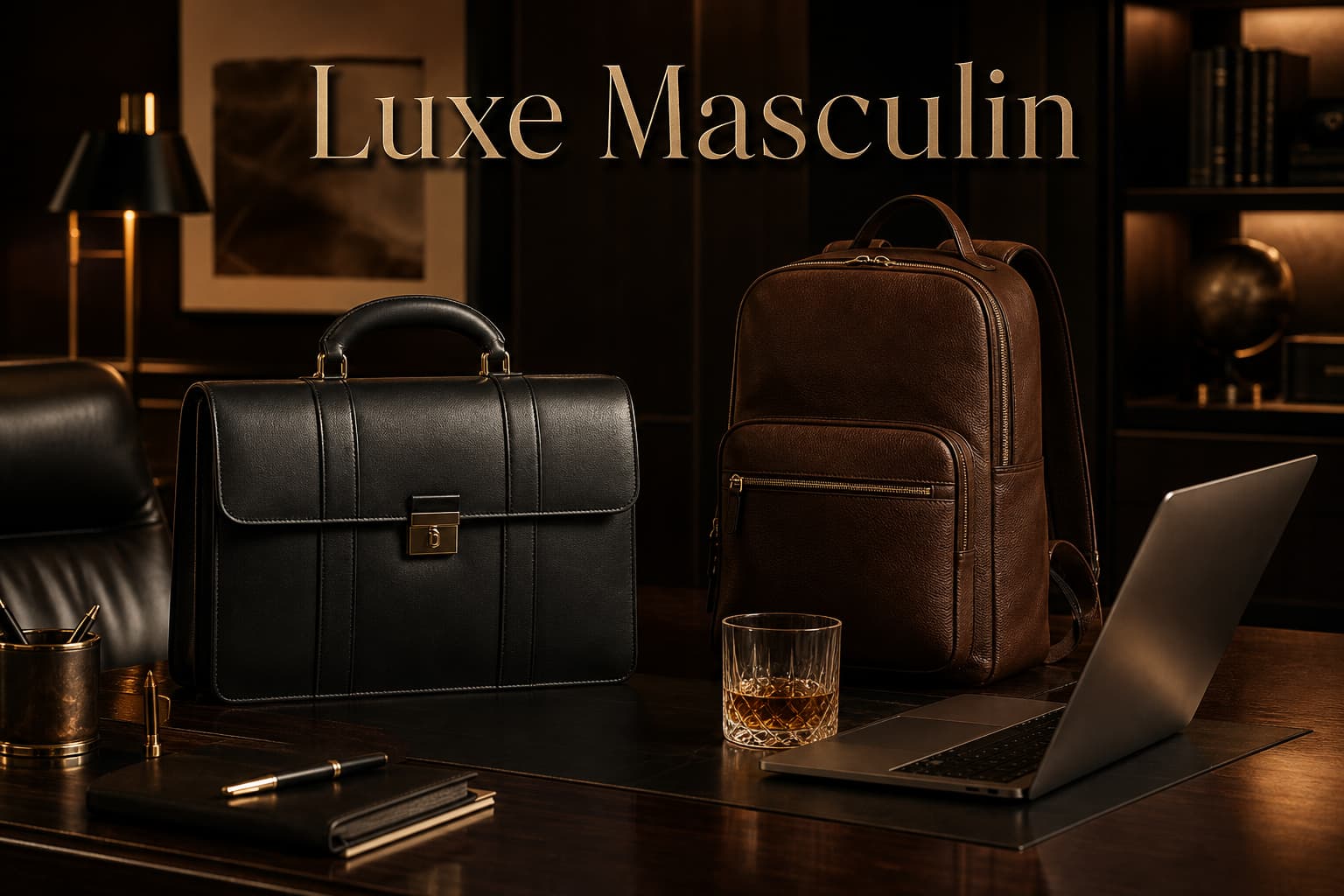 Bureau moderne affichant une mallette en cuir noir, un sac à dos marron, un ordinateur portable et un verre de whisky, le tout baigné dans une lumière tamisée chaude, avec le texte
