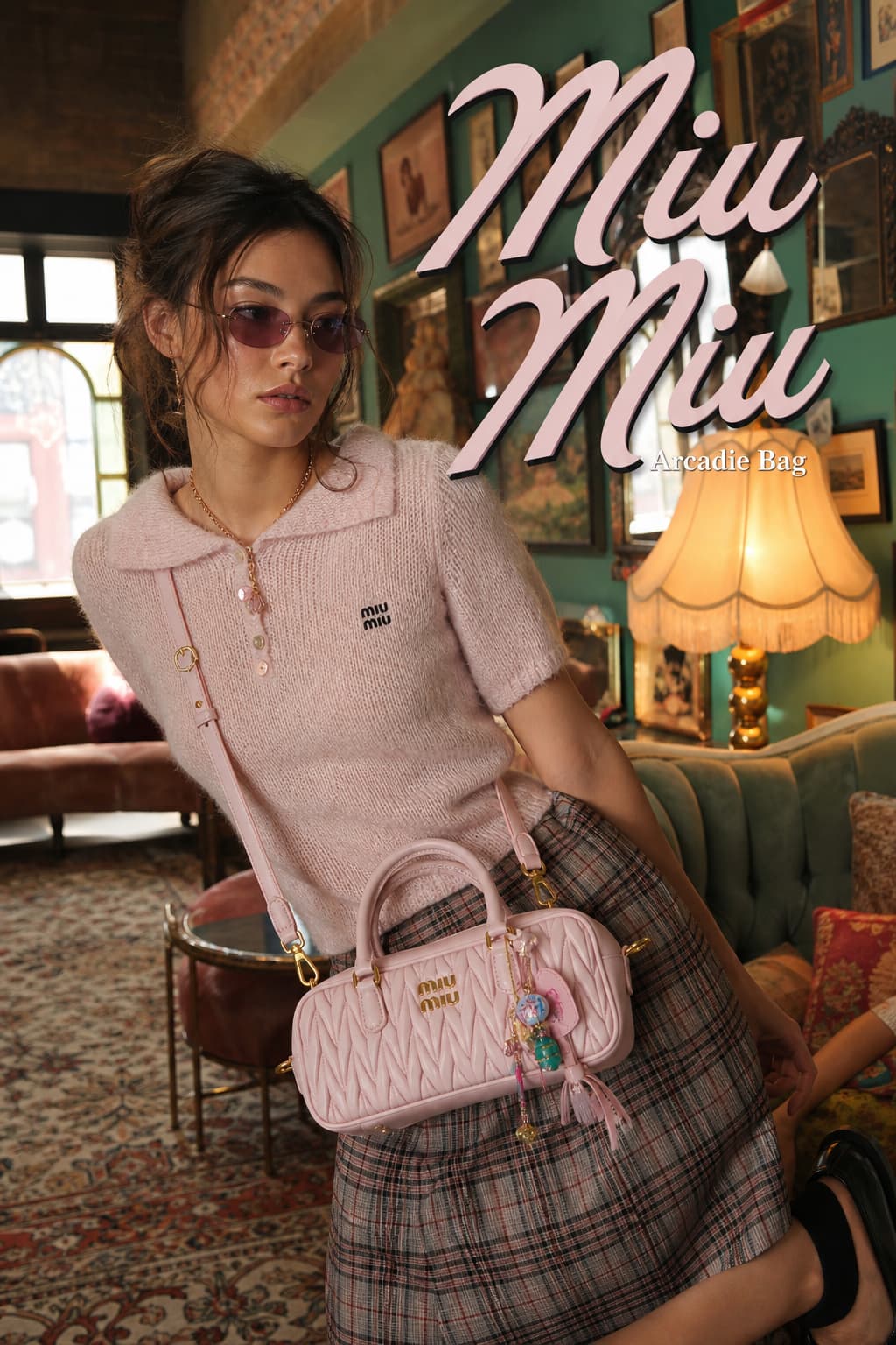 Un mannequin portant un sac Miu Miu Arcadie en cuir matelassé rose pastel avec des breloques colorées, dans une pièce éclectique au mobilier rétro, avec le texte