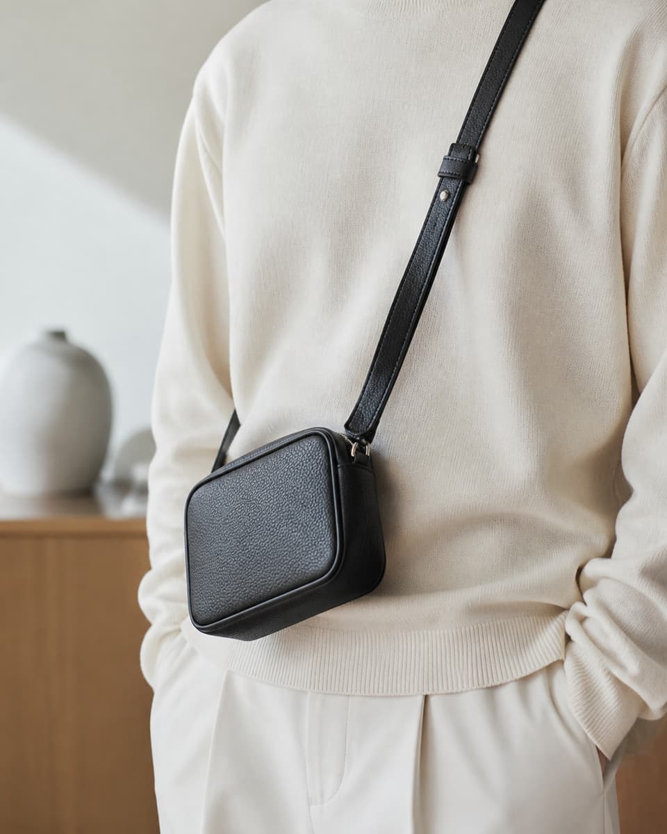 Petit sac en cuir compact porté en bandoulière sur le buste d'une silhouette vêtue d'une tenue sobre.