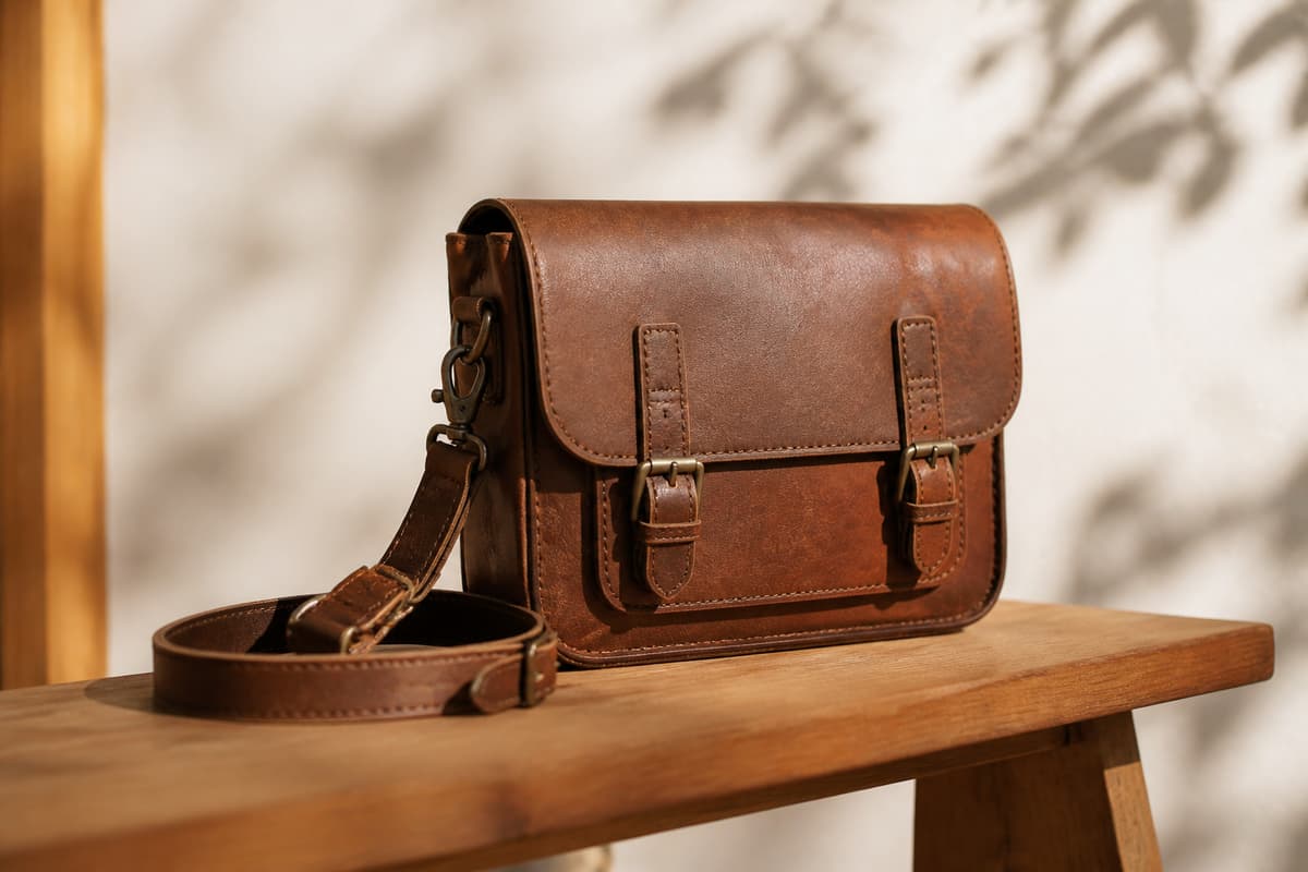Petite besace en cuir marron avec sa bandoulière posée sur une assise en bois baignée d'une lumière chaude.