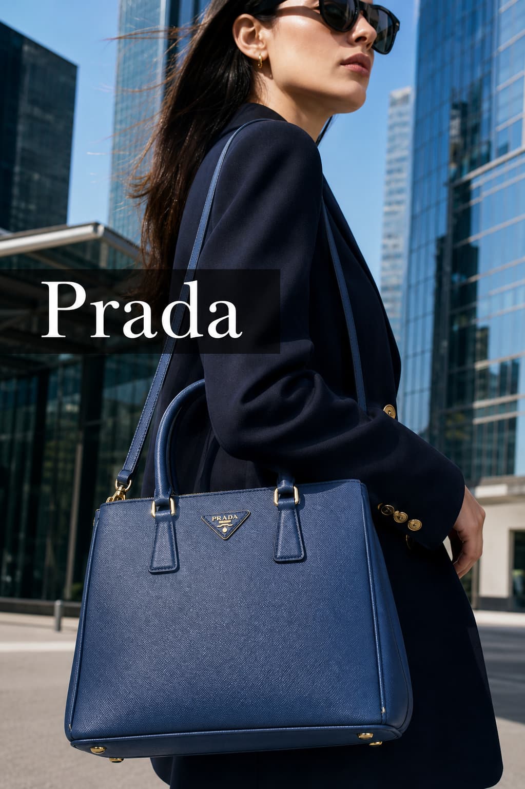 Un mannequin tient un sac Prada Galleria en cuir Saffiano bleu marine, entouré de gratte-ciel reflétés dans les fermoirs, sous une lumière du jour éclatante, avec le mot