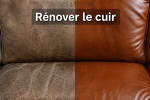 Comparaison d’un cuir de canapé craquelé et terne avant restauration et d’une surface restaurée lisse et uniforme après réparation, avec le texte « Rénover le cuir » en surimpression.