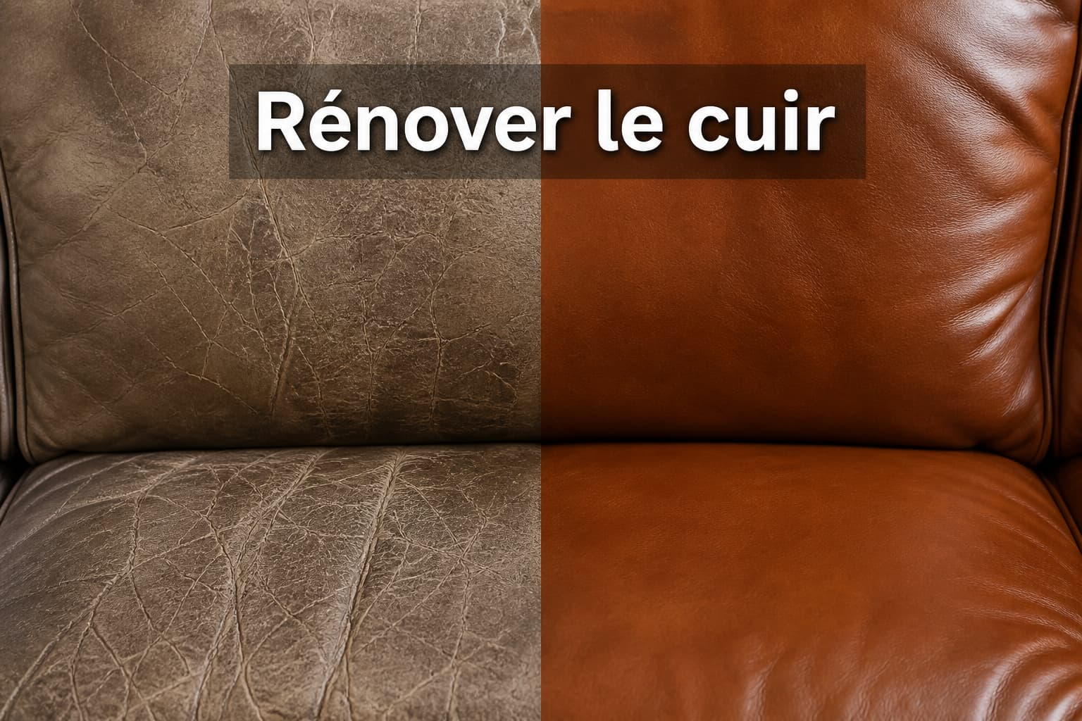 Comparaison d’un cuir de canapé craquelé et terne avant restauration et d’une surface restaurée lisse et uniforme après réparation, avec le texte « Rénover le cuir » en surimpression.
