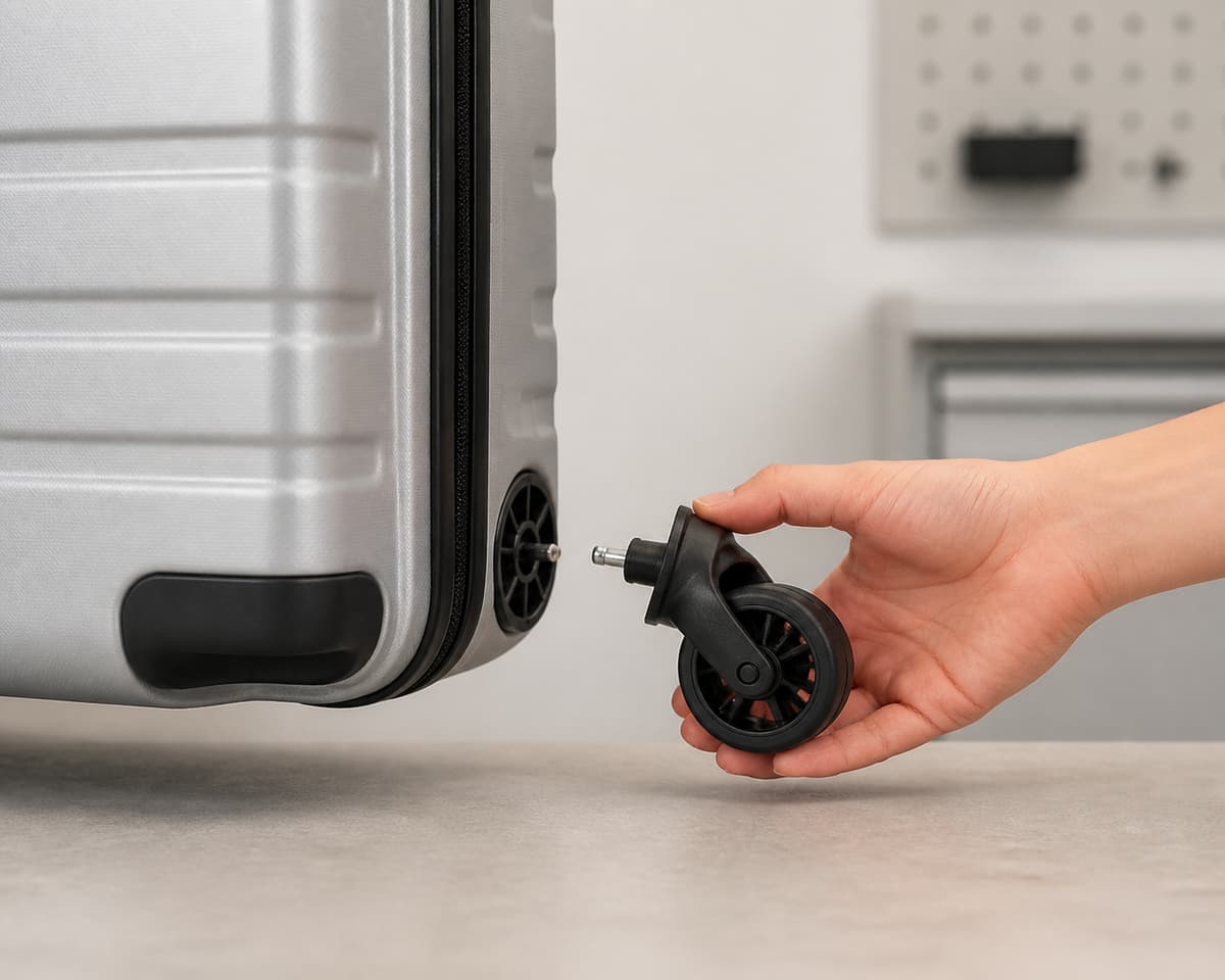 Une main tient une roue détachable près de son logement sur la coque rigide d'une valise dans un atelier de réparation minimaliste.