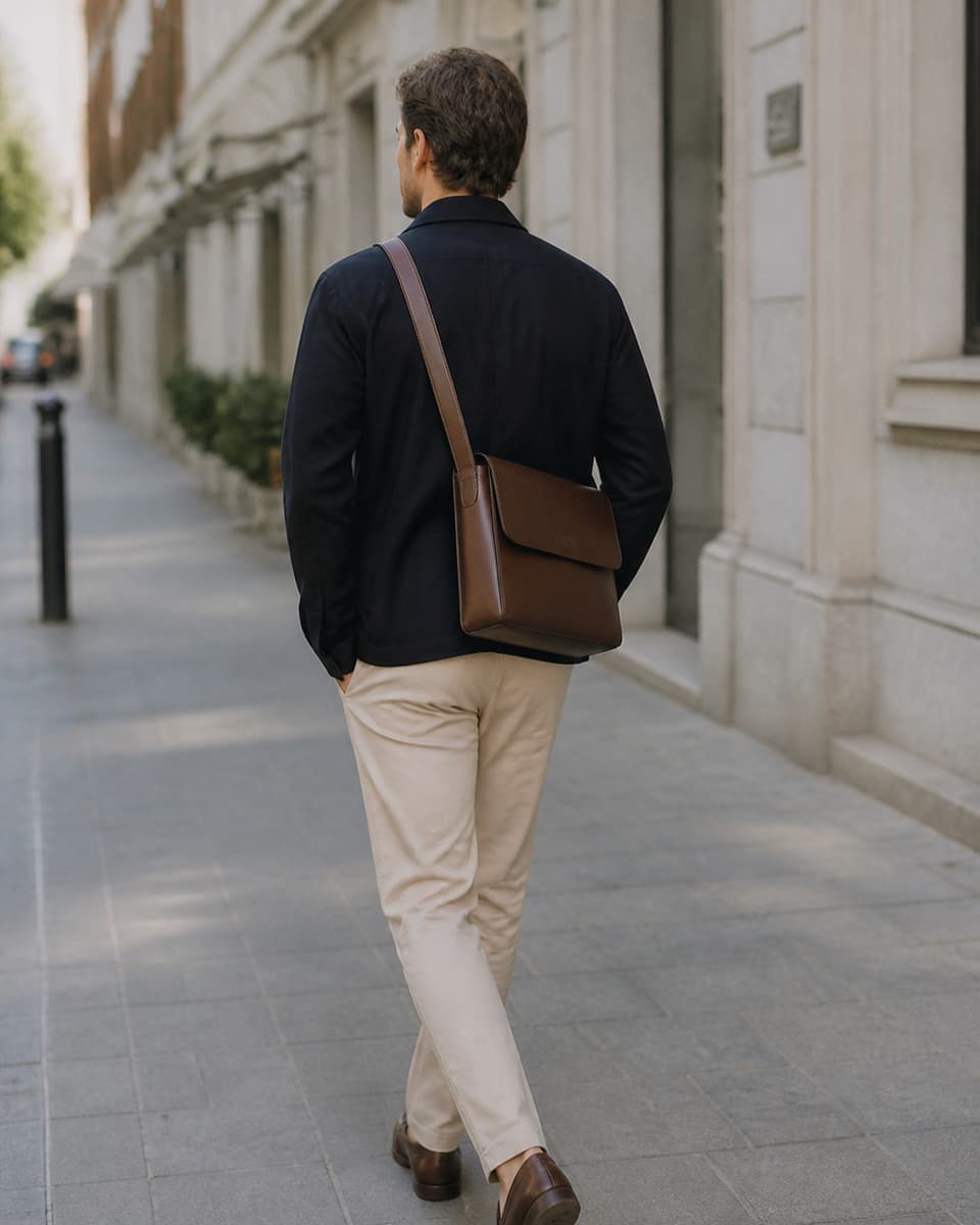 Homme marchant de dos dans une rue citadine avec un sac en cuir porté en bandoulière croisée.