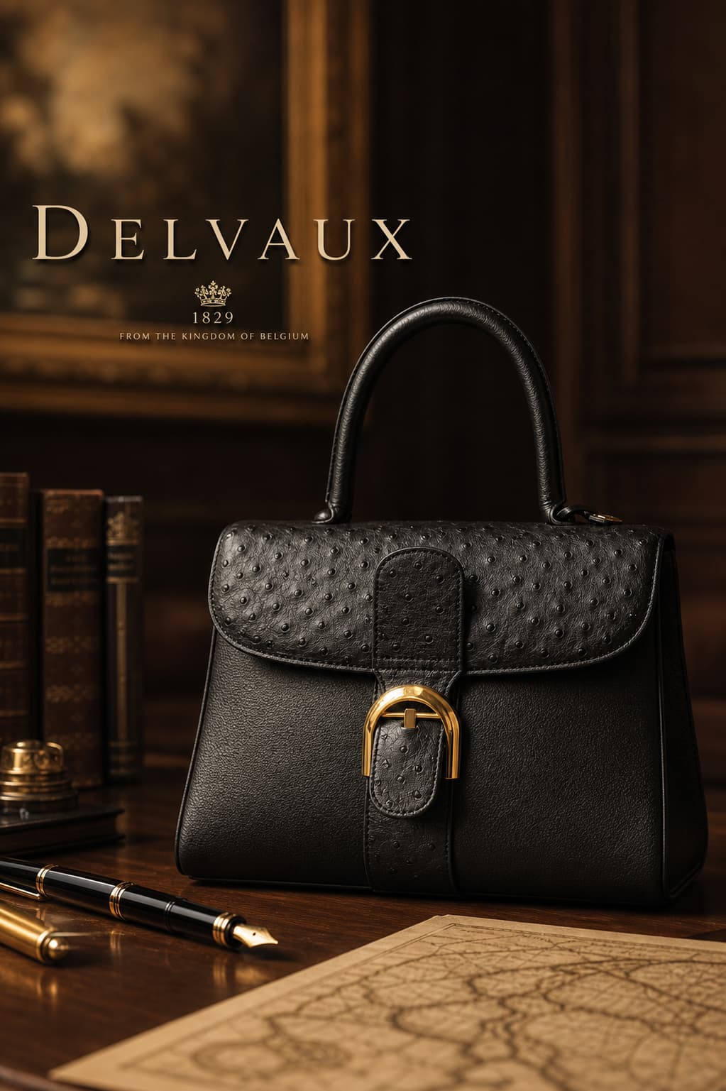 Sac Delvaux Brillant en cuir grainé noir avec boucle dorée posé sur un bureau en bois avec un stylo-plume et une carte ancienne, avec le texte