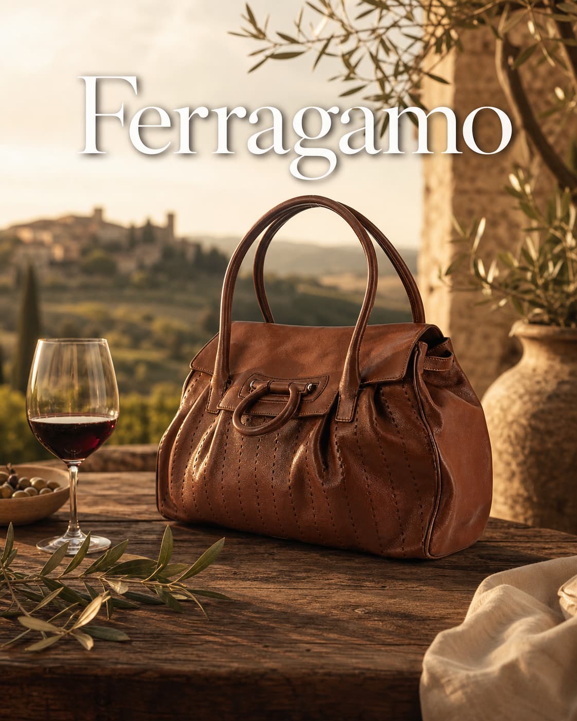 Sac Salvatore Ferragamo Gancini en cuir marron cognac posé sur une table toscane rustique avec des branches d