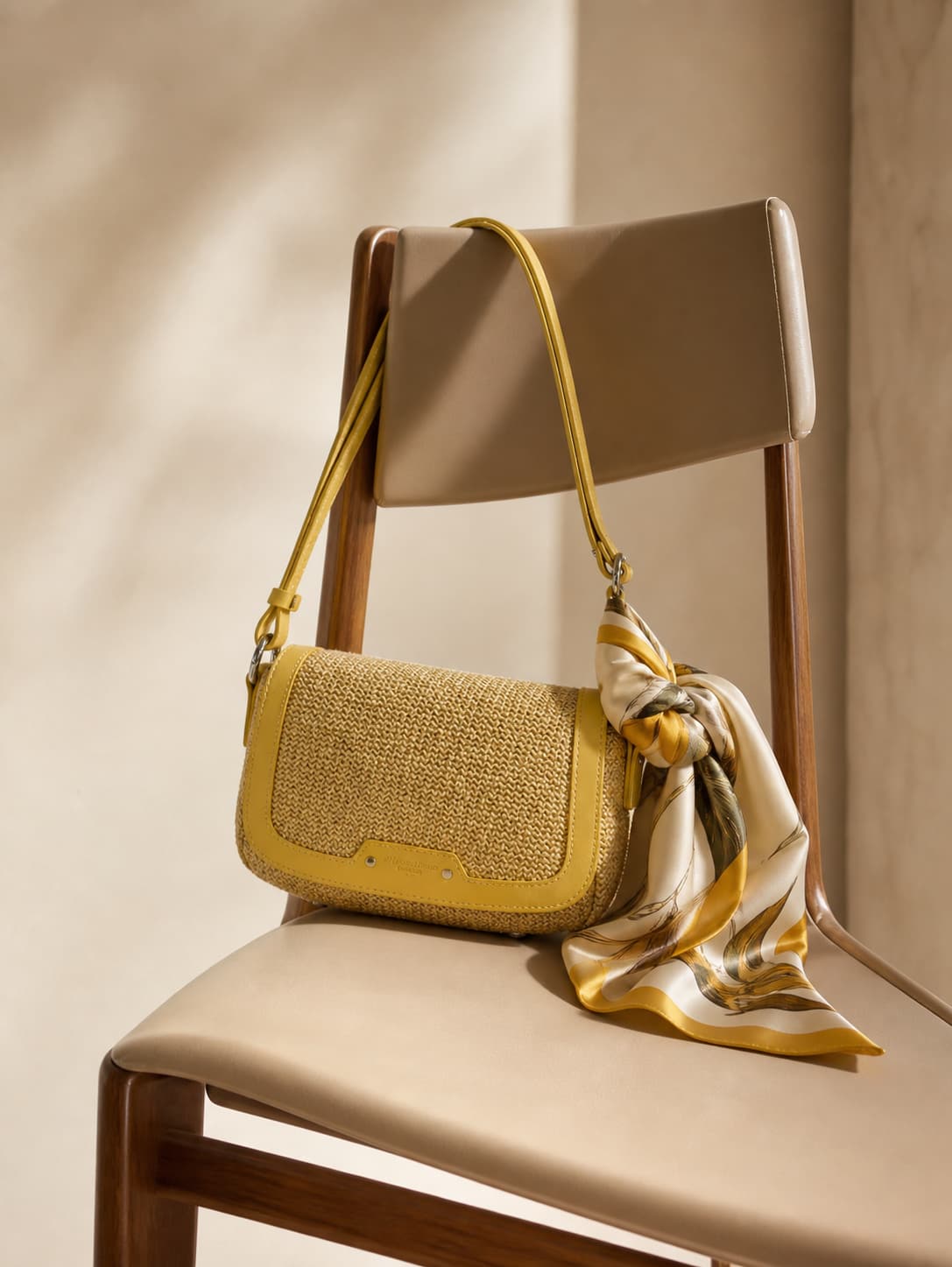 Sac bandoulière jaune moutarde de la marque Fuchsia Paris drapé sur une chaise contemporaine, avec un foulard en soie noué, dans un éclairage doux et chaleureux mettant en valeur les textures.