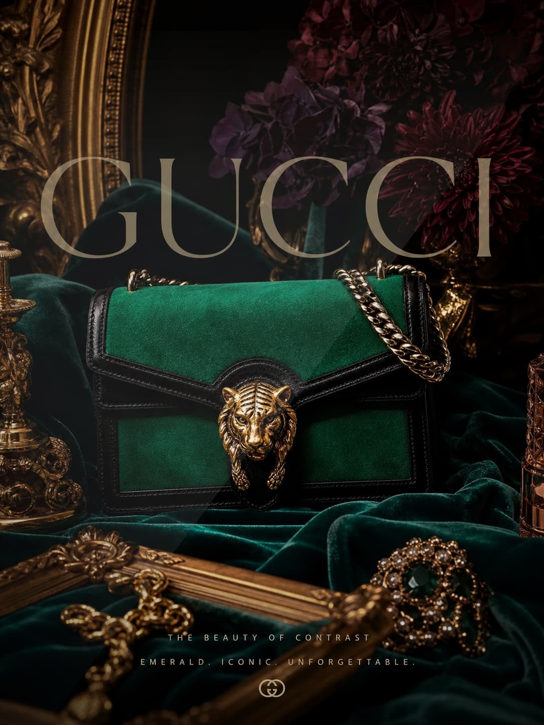 Sac Gucci Dionysus en daim vert avec fermoir tête de tigre doré, entouré de velours et d