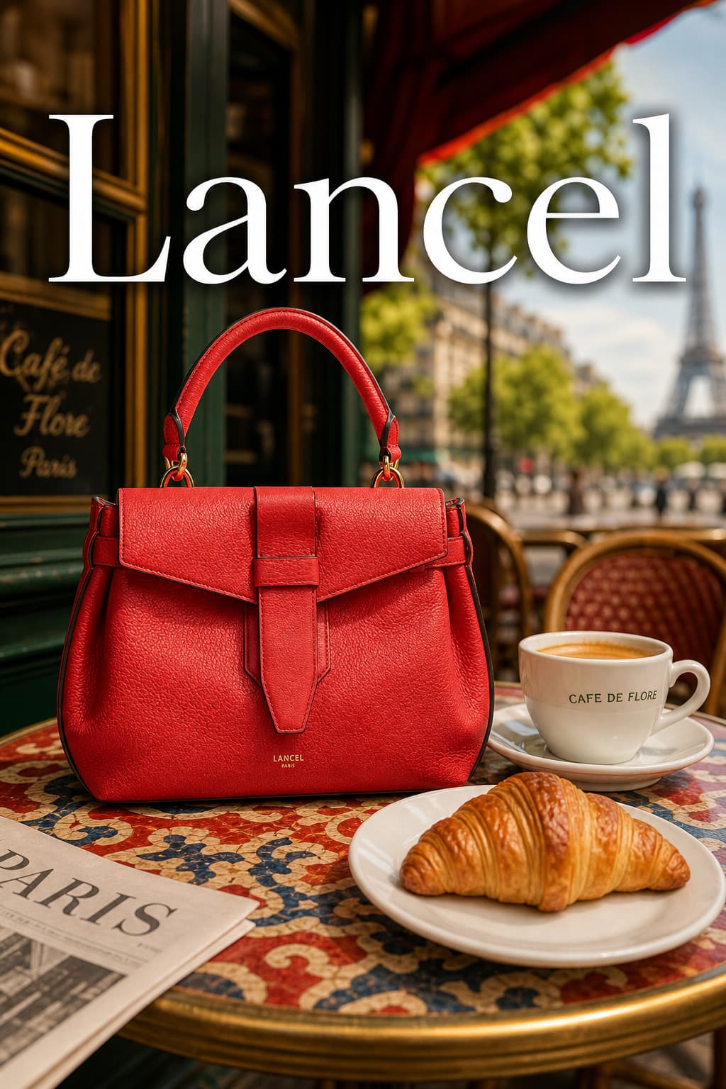Sac Lancel Charlie rouge posé sur une table de café parisienne, accompagné d