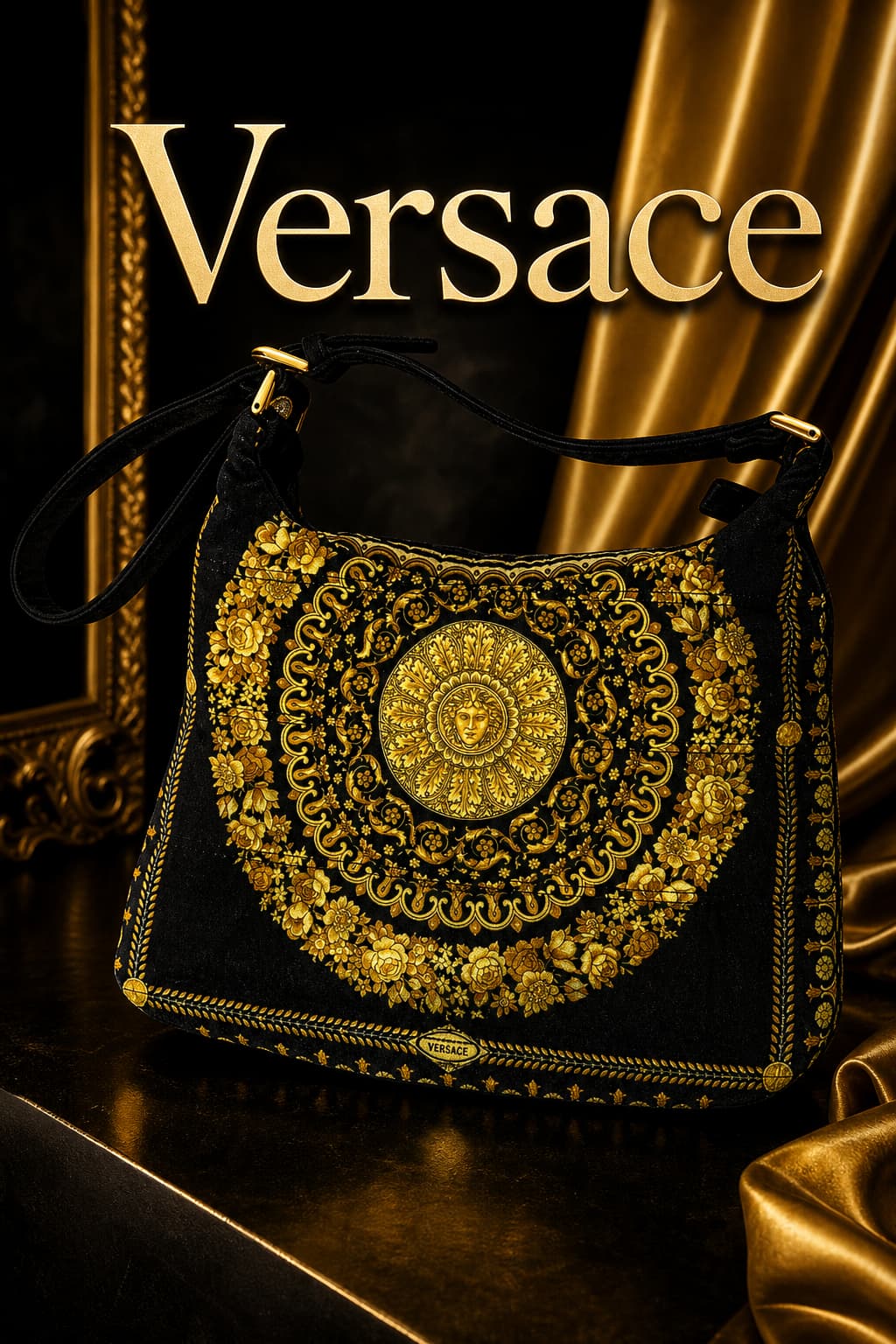 Sac à main à imprimé baroque Versace avec médaillon Méduse doré, présenté sur un fond noir et or sous un éclairage dramatique, avec le texte