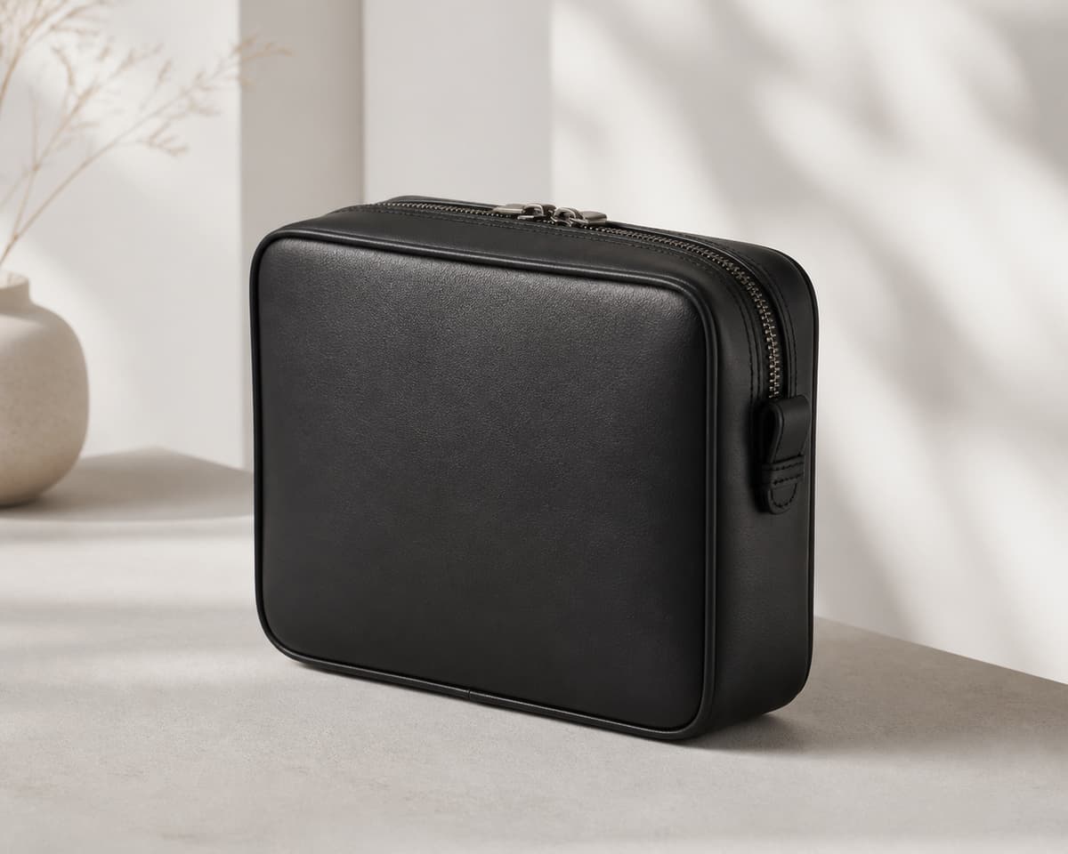 Sac rectangulaire en cuir noir fermé par une glissière supérieure, posé de trois quarts sur une surface sobre.
