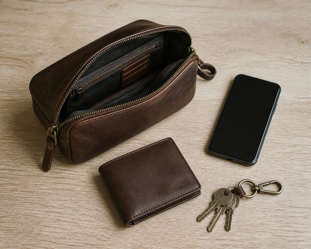 Sacoche compacte en cuir marron ouverte à côté d'un smartphone, d'un portefeuille fin et d'un trousseau de clés sur une table en bois clair.