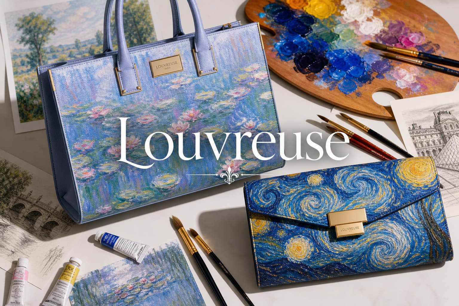 Composition à plat colorée montrant des sacs à main Louvreuse ornés d’imprimés à la Monet et aux tourbillons de Van Gogh, entourés de pinceaux et d’une palette sur un fond de studio blanc, avec le texte