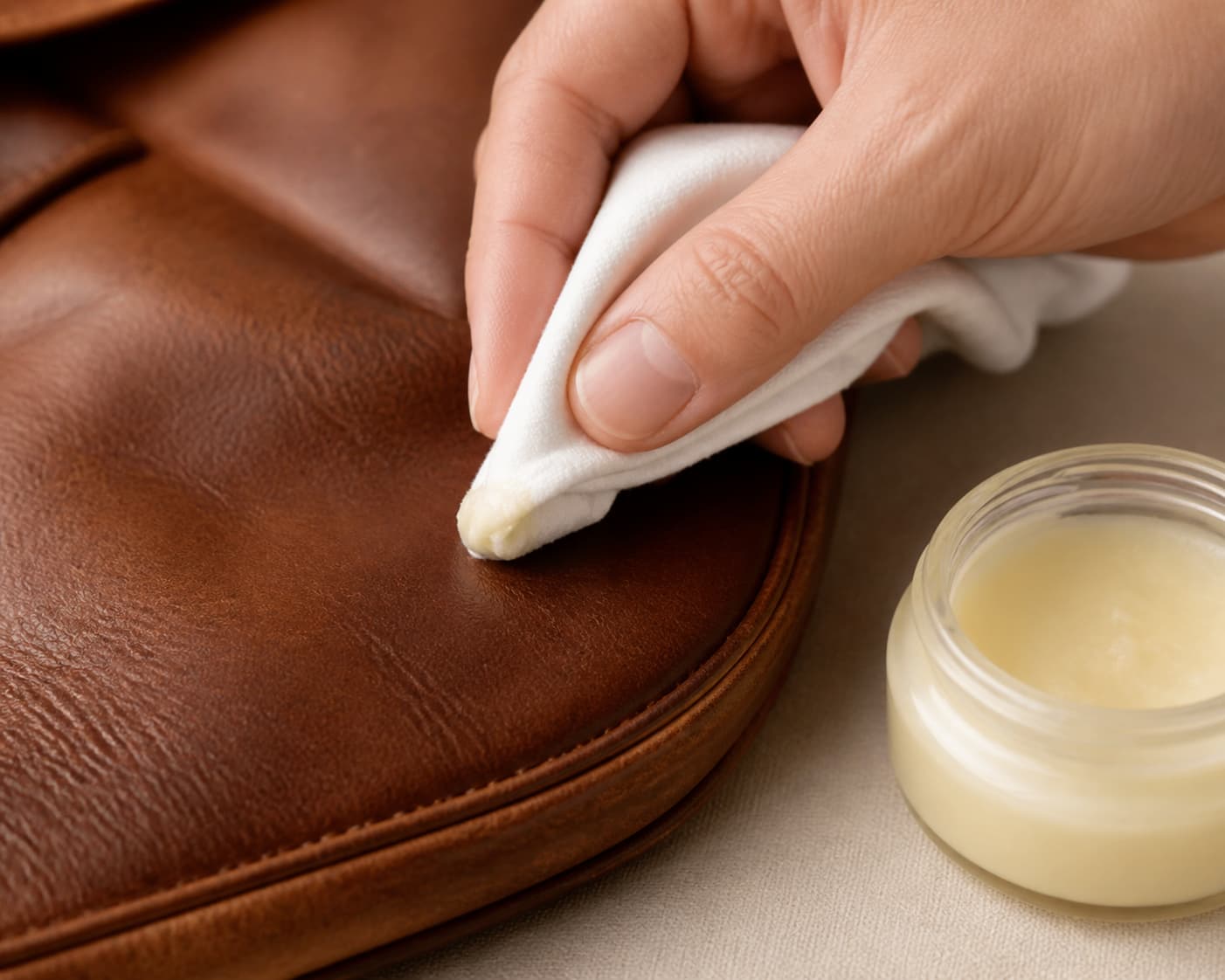 Gros plan sur une main appliquant une petite quantité de graisse avec un chiffon propre sur une zone discrète d