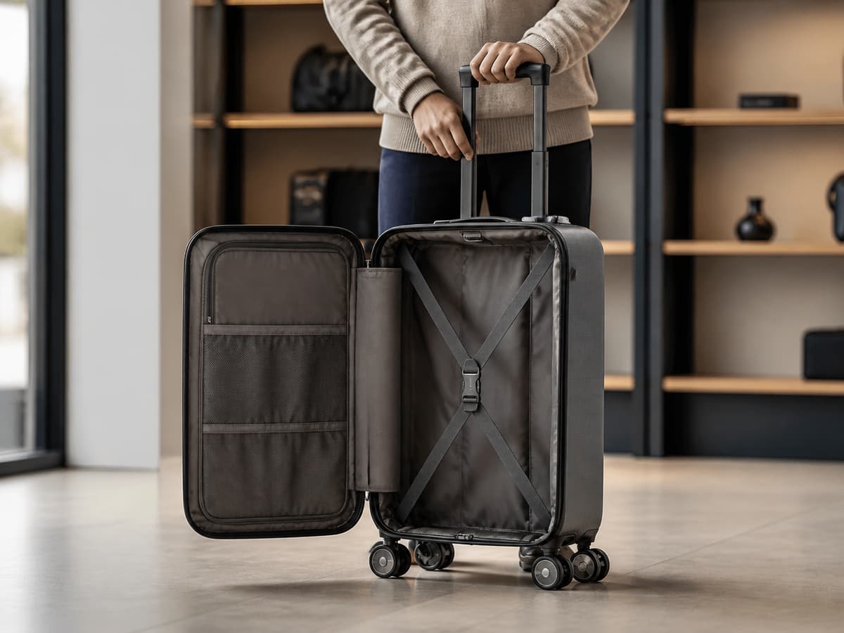 Une personne manipule la poignée d’une valise rigide à quatre roues ouverte dans un magasin, montrant un intérieur organisé avec un séparateur et des sangles.