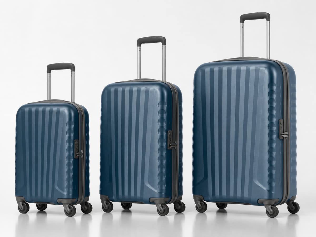 Trois valises rigides fermées en polycarbonate de tailles croissantes alignées côte à côte avec quatre roues apparentes.