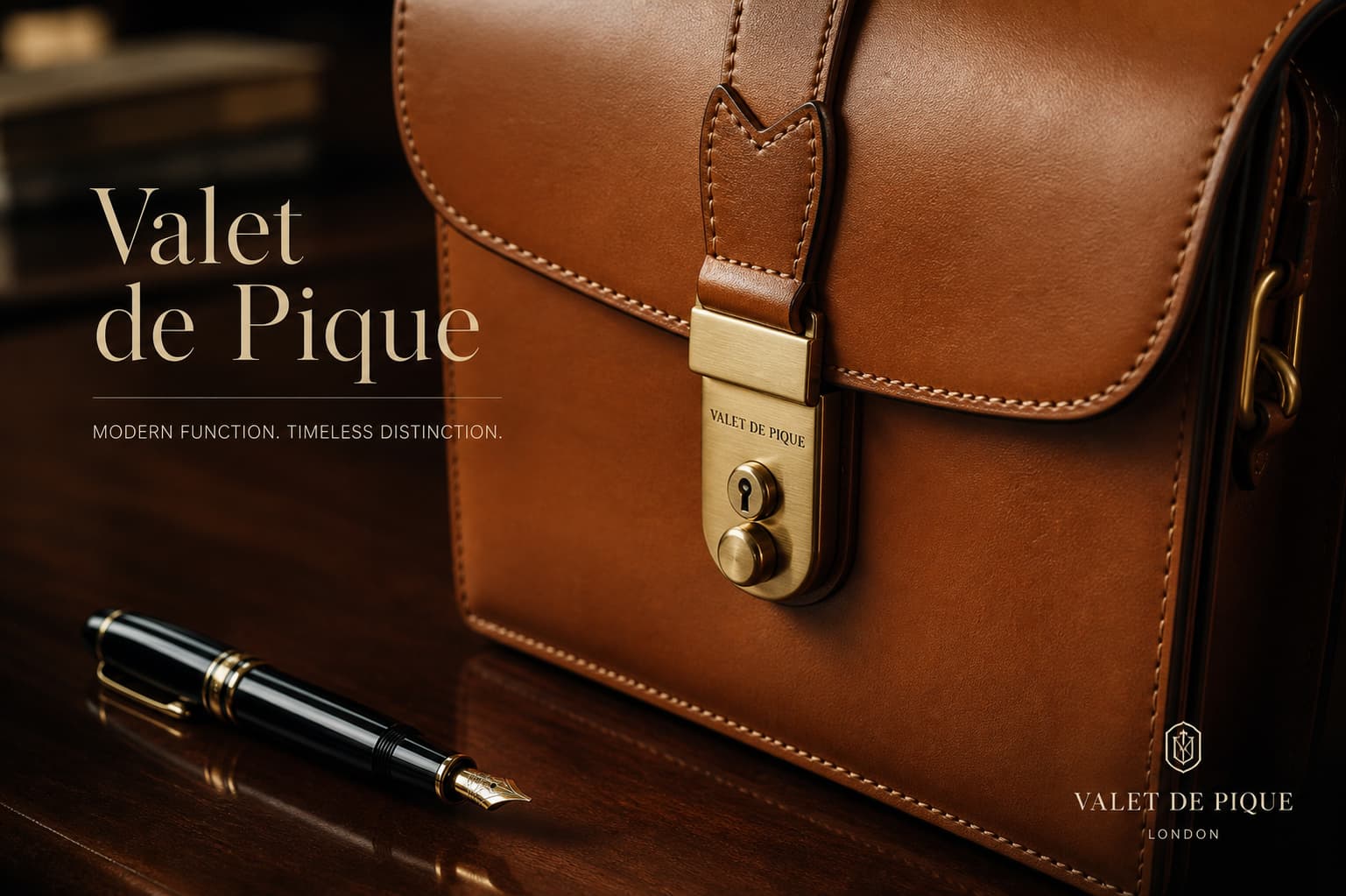 Gros plan sur une mallette en cuir pleine fleur Valet de Pique, avec surpiqûres fines et serrure en laiton, posée sur un bureau en bois sombre à côté d