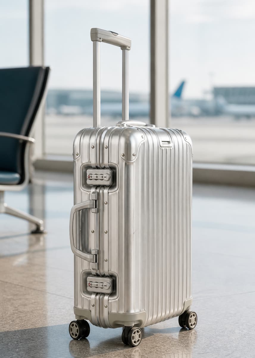 Une valise cabine en aluminium brossé aux coins renforcés et aux fines marques d'usage, posée sur le sol d'un terminal d'aéroport.