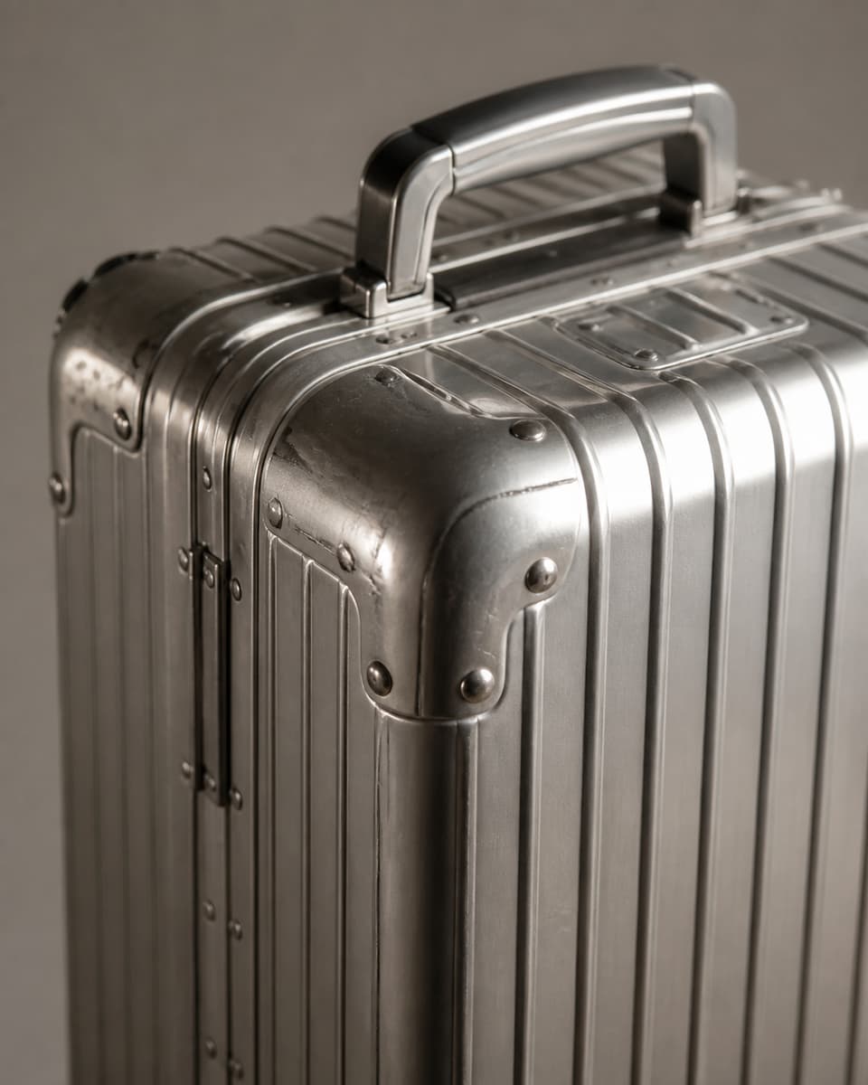Gros plan d’une valise cabine en aluminium nervuré montrant quelques rayures fines et une poignée robuste dans une lumière latérale douce.