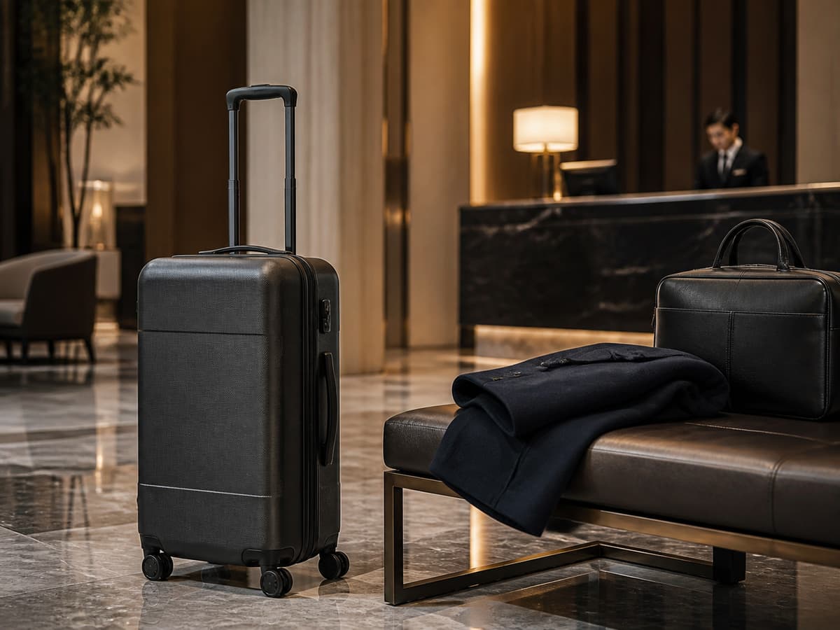 Valise cabine élégante avec poignée télescopique posée sur le sol d'un hall d'hôtel moderne à côté d'un manteau.