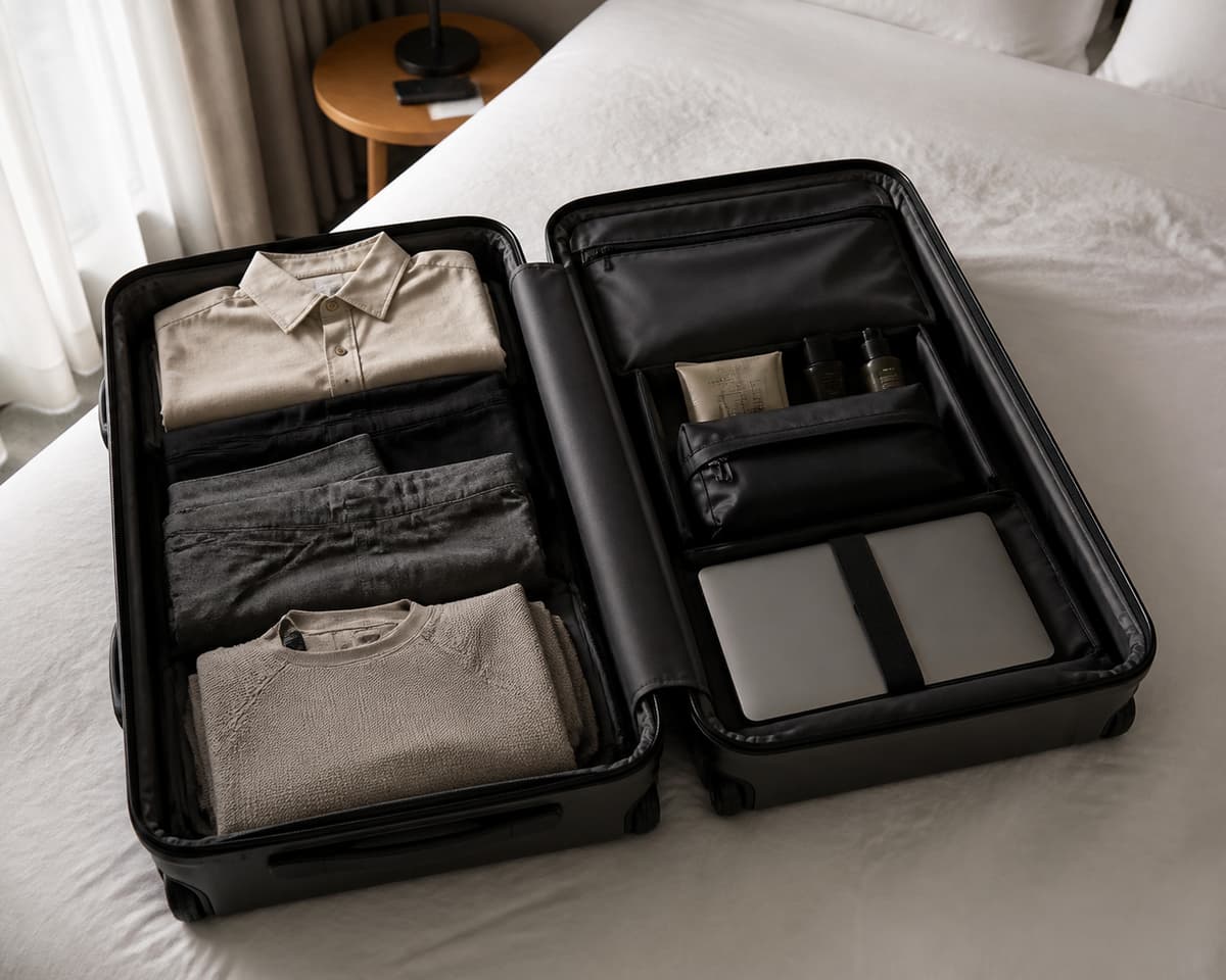Valise cabine rigide ouverte sur un lit d'hôtel, montrant des vêtements pliés, une trousse de toilette et un ordinateur portable soigneusement rangés à l'intérieur.