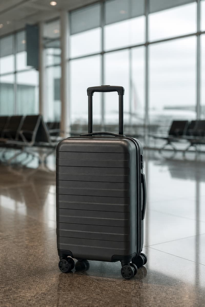 Valise cabine rigide posée verticalement sur le sol poli d'une porte d'embarquement dans un terminal d'aéroport.