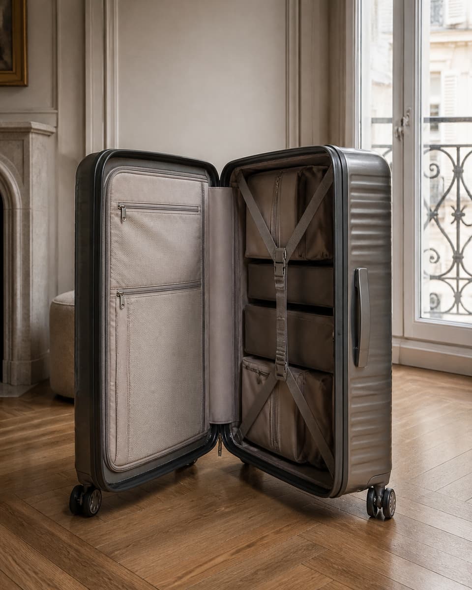 Valise rigide légèrement ouverte sur un intérieur compartimenté avec sangles de maintien, posée dans un décor de voyage raffiné aux lignes classiques.