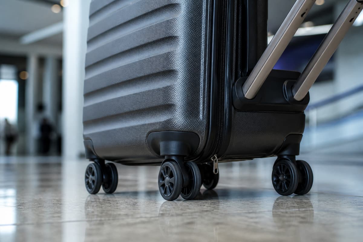 Gros plan en contre-plongée sur les roues doubles d'une valise rigide se déplaçant sur un sol lisse avec sa poignée télescopique inclinée.