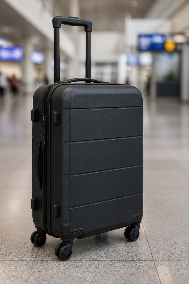 Valise rigide sombre en polypropylène vue de trois quarts sur un sol de terminal, avec quatre roulettes et poignée télescopique déployée.