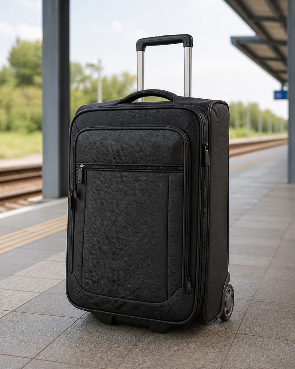 Valise souple en textile avec poche frontale zippée, roues visibles et poignée télescopique, posée près d’un quai de gare.