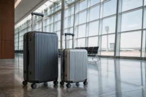 Deux valises rigides haut de gamme aux formats cabine et soute posées sur le sol d'un hall d'aéroport lumineux.